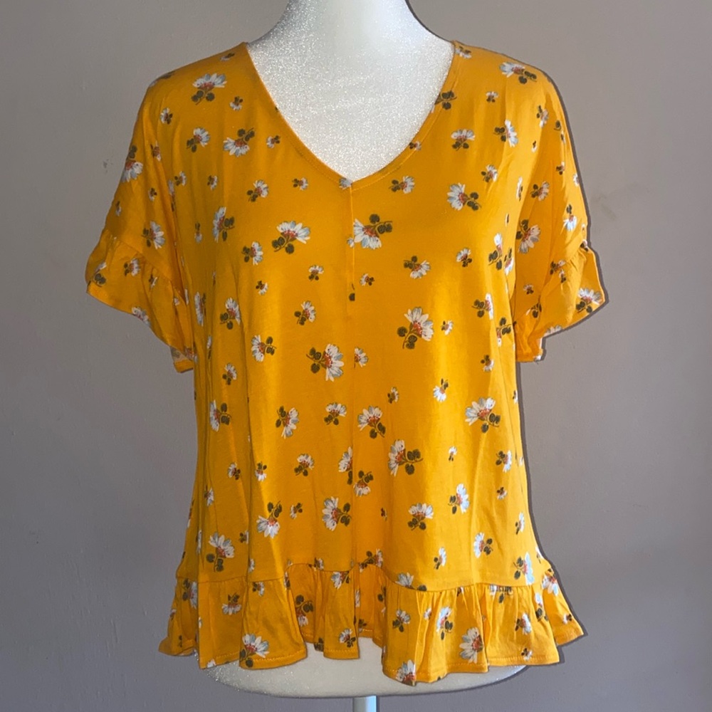 Loft Floral Ruffle Short Sleeve Tee - Yellow